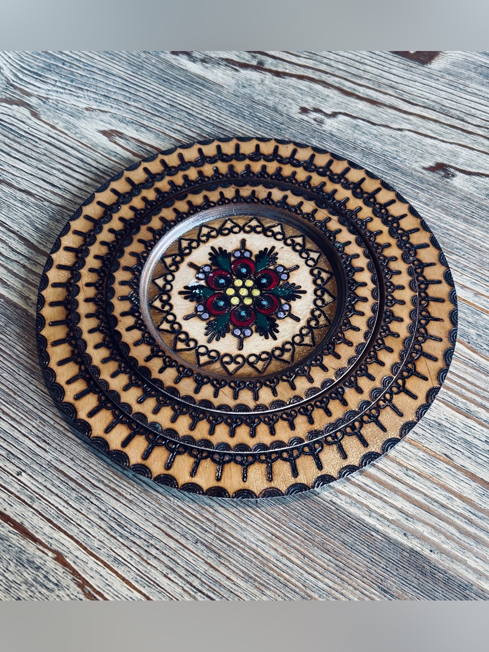 Polish Hand-Burned Wooden Decorative Plates with Floral Motif - Tan & Black X3